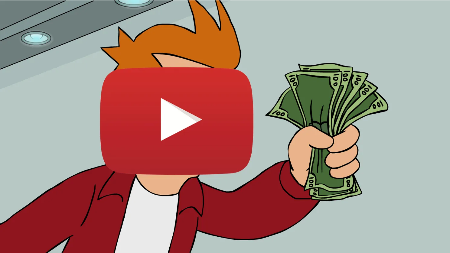 A cartoon figure whose face is the YouTube play button, holding a fan of banknotes