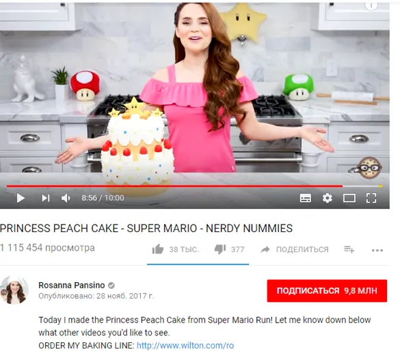 Rosanna Pansino’s YouTube video “Princess Peach Cake” with 1,115,454 views and a link to her baking line