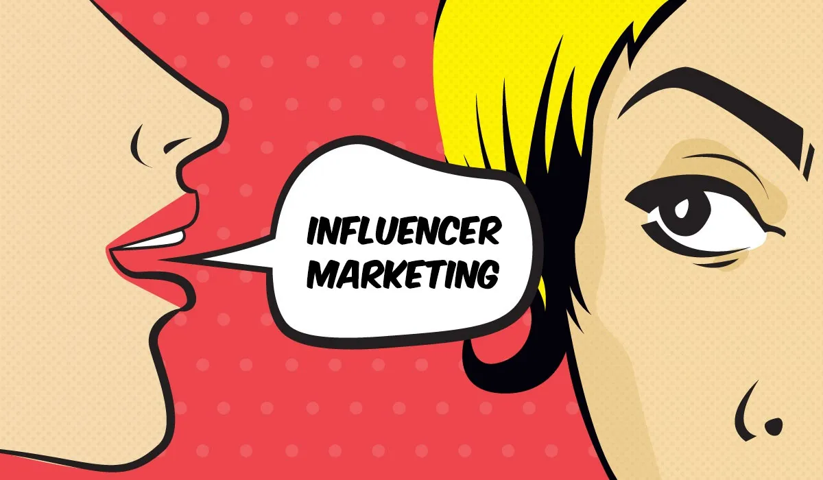 Pop-art illustration of one person saying "influencer marketing" to another