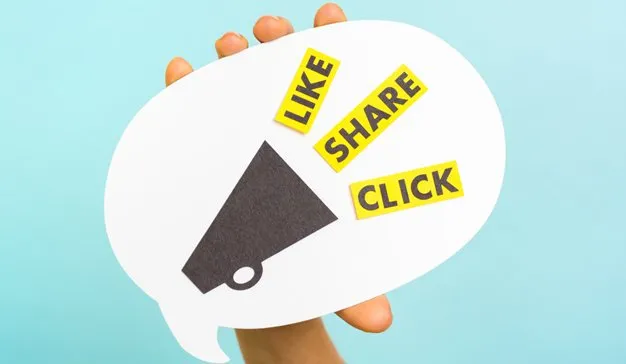 A paper speech bubble held up with the words LIKE, SHARE and CLICK