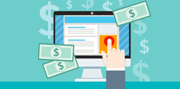 A flat illustration of a hand clicking an ad on a monitor surrounded by dollar bills