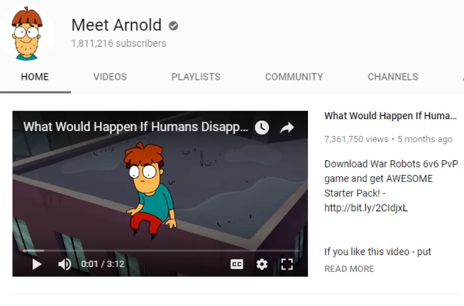 The animated channel Meet Arnold on YouTube, 1,811,216 subscribers, with a video at 7.3 million views