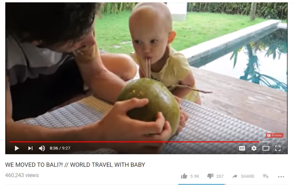 The family travel vlog “WE MOVED TO BALI?! // WORLD TRAVEL WITH BABY” with 460,243 views