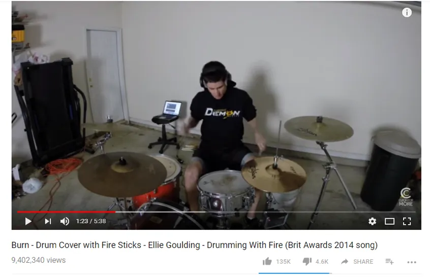 A drum cover of Ellie Goulding’s “Burn” played with fire sticks, 9,402,340 views