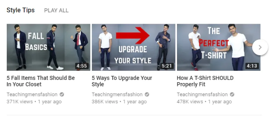 Style tip videos on the Teachingmensfashion channel, each with hundreds of thousands of views