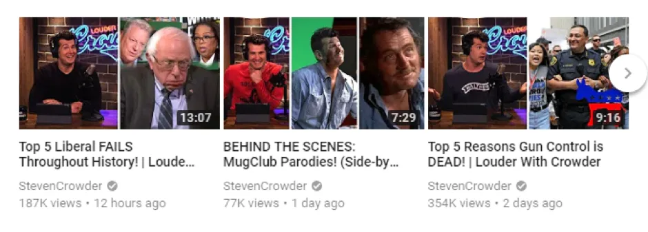 Videos from the StevenCrowder news and commentary channel, each with tens to hundreds of thousands of views