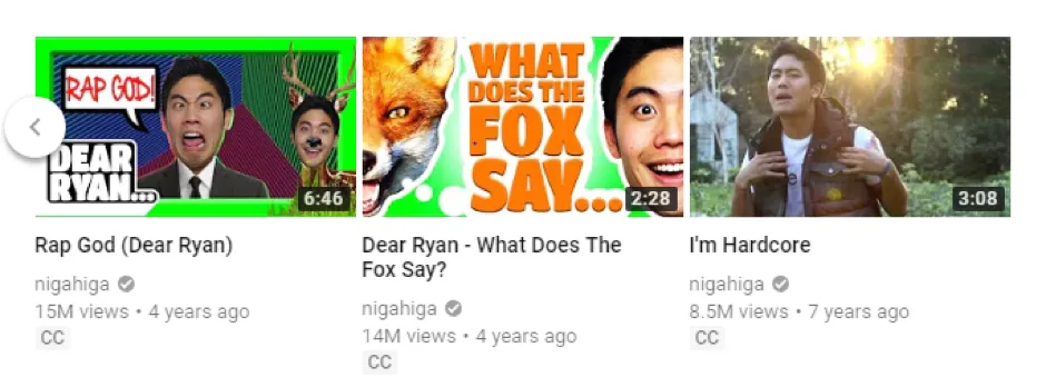 Parody videos on the nigahiga channel, including “Rap God (Dear Ryan)” at 15 million views