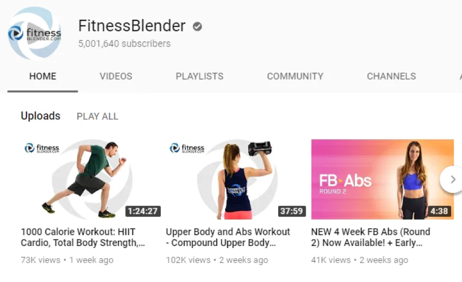 The FitnessBlender channel with 5,001,640 subscribers and its workout videos