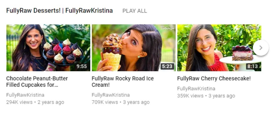 Raw dessert recipes on the FullyRawKristina channel, up to 709,000 views per video