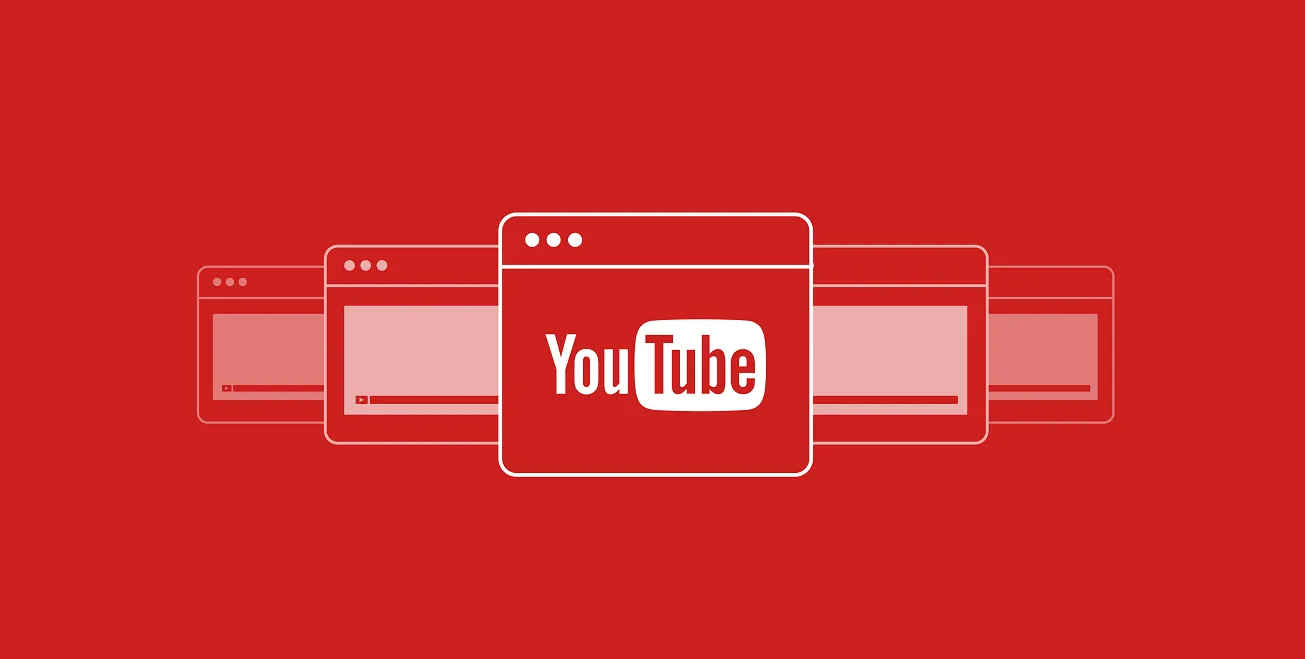 Overlapping browser windows on a red background, the front one showing the YouTube logo